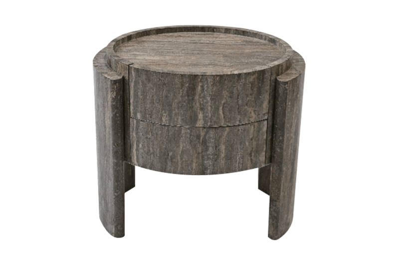 Mesa auxiliar redonda de madera y mármol texturizado