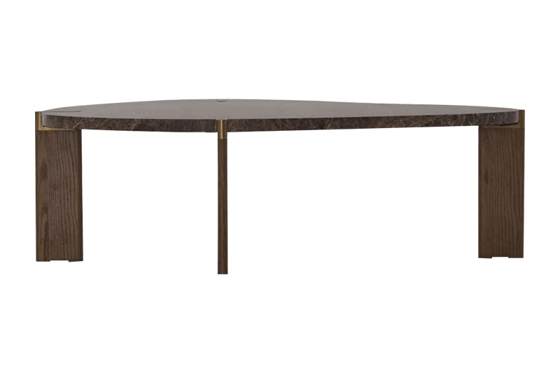 Mesa de centro de mármol marrón oscuro con soportes de madera