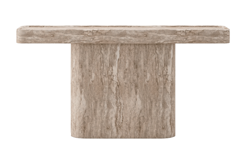 Mesa de mármol marrón claro con plataforma cuadrada