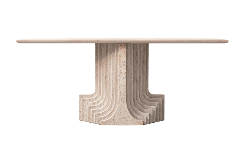 Mesa de mármol marrón claro con columna en espiral