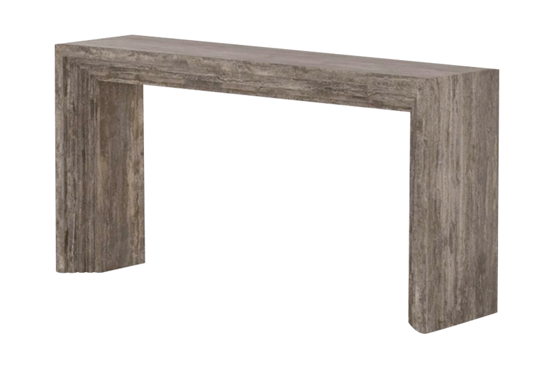 Mesa de mármol marrón claro con esquina arqueada