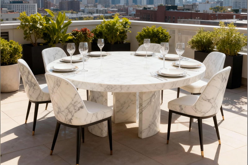 Mesa de mármol abierto de rima de tres columnas de color blanco panza de pez 