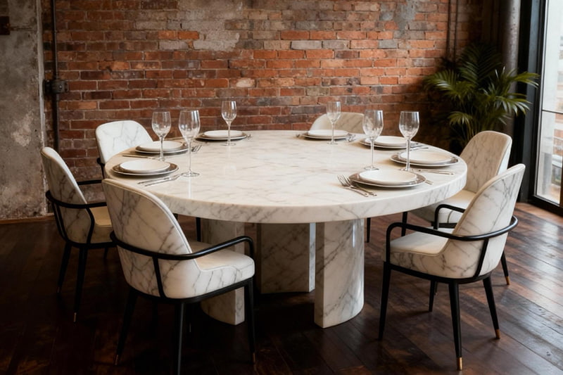 Mesa de mármol abierto de rima de tres columnas de color blanco panza de pez 