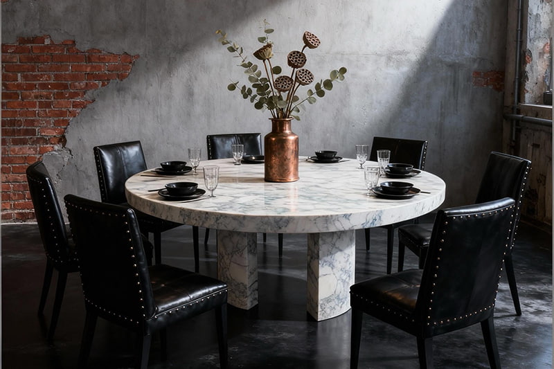 Mesa de mármol abierto de rima de tres columnas de color blanco panza de pez 