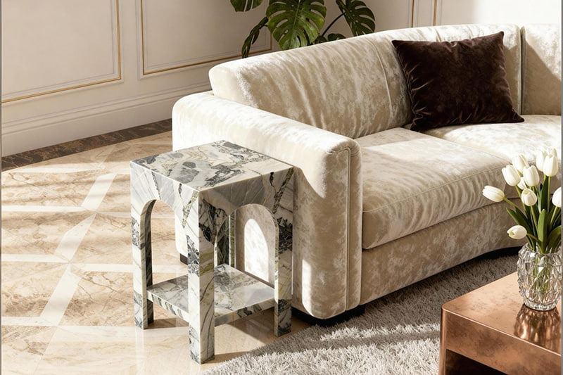 Mesa de esquina de mármol con patrón colorido de cuatro arcos